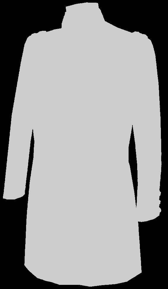 Collar height is about 2-1/4. Two inset pockets on the front with scalloped flaps that button closed. Gold piping along the bottom of the collar and outlining the pocket flaps.