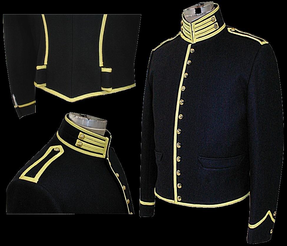 Collar height about 2-5/8 high closing at the center. Two waistline pockets and Shoulder Straps are faithfully copied to insure accuracy. Artillery Jacket is identical but with yellow trim.