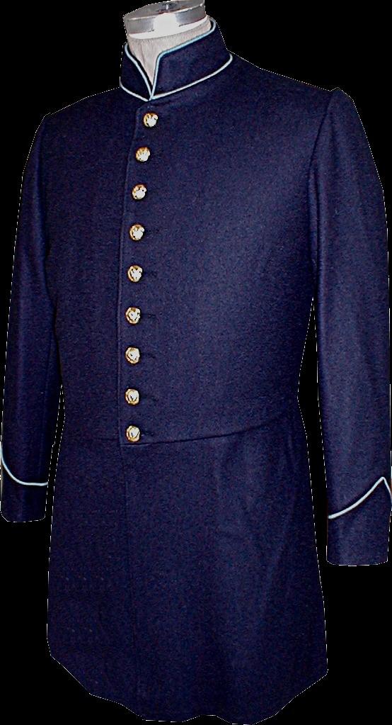 Model 1854 US Army Enlisted Dress Coat Foot Troops Page 31 The M-1854 Dress Coat uses our 19 ounce field service wool and has a 2 collar height with square corner and V opening in front.