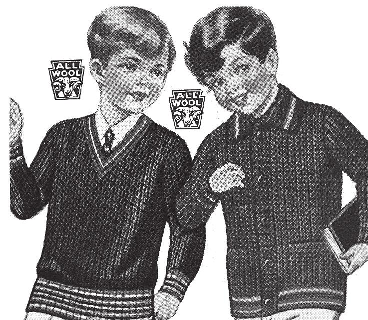 Sears F/W 1929-30 The blue and red slipover sweater on the left is appropriate for boys or girls.