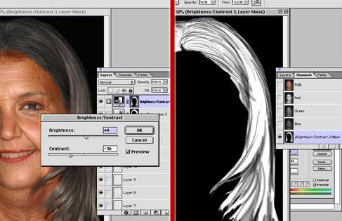 I then created a new adjustment layer based on the same mask and adjusted the Brightness/Contrast to brightness +9 and contrast 36.