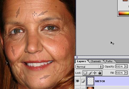 While I was at it, I also added a few vertical wrinkles above the lips to give her a bit of a "prune" effect.