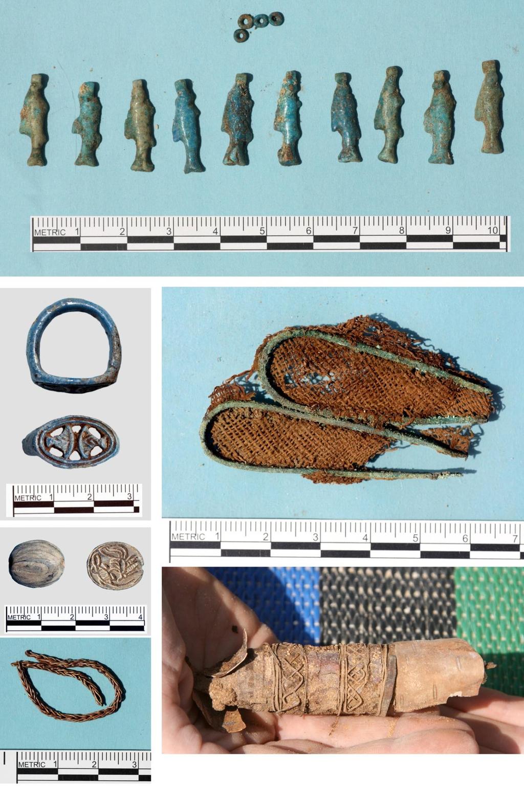 Figure 8: A selection of artefacts excavated at the South Tombs Cemetery in 2013. Clockwise from top: faience fish pendants and a selection of beads from a necklace (obj.
