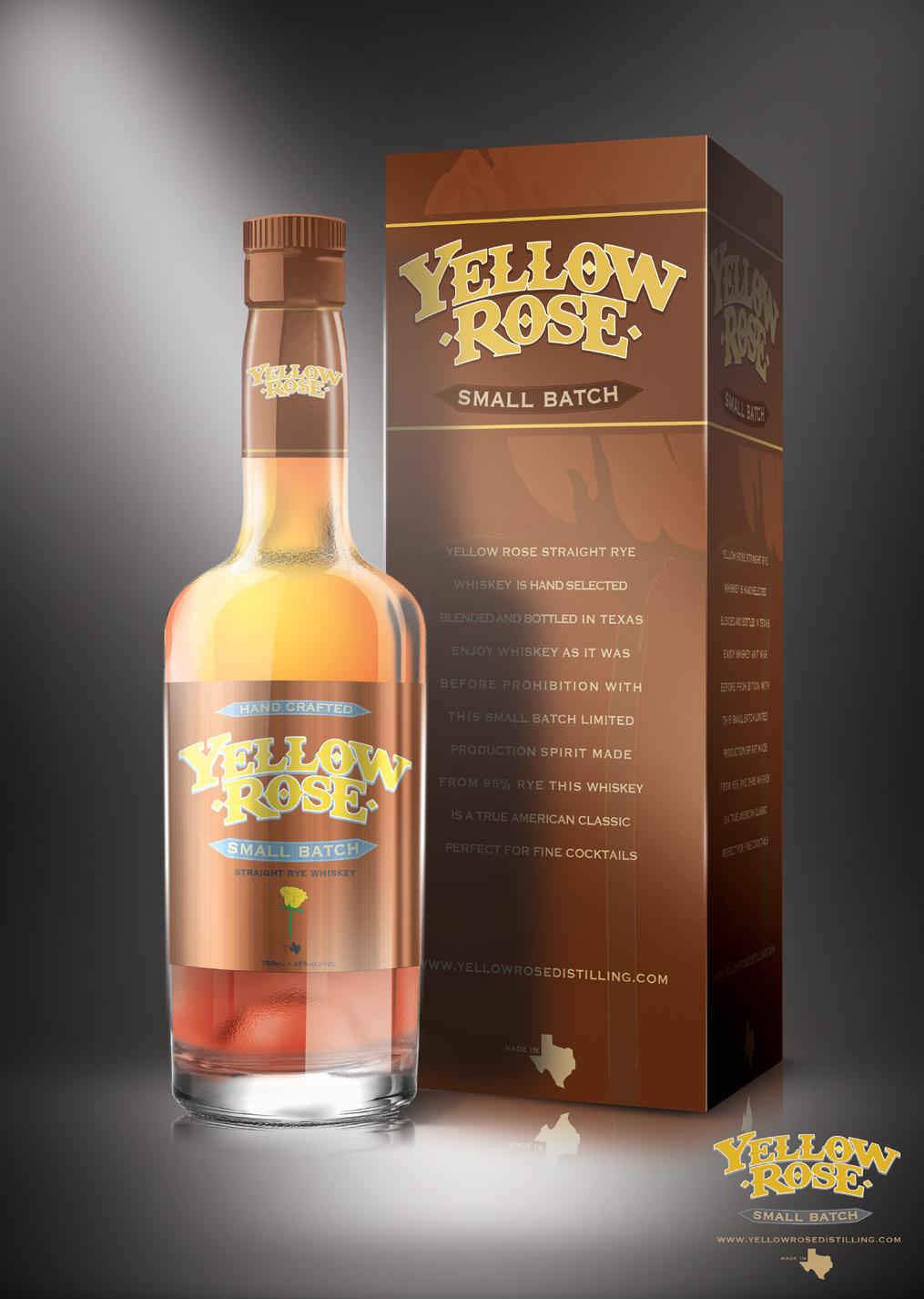 Yellow Rose is a rye whiskey distilled in Texas. This is a display of packaging and advertising.