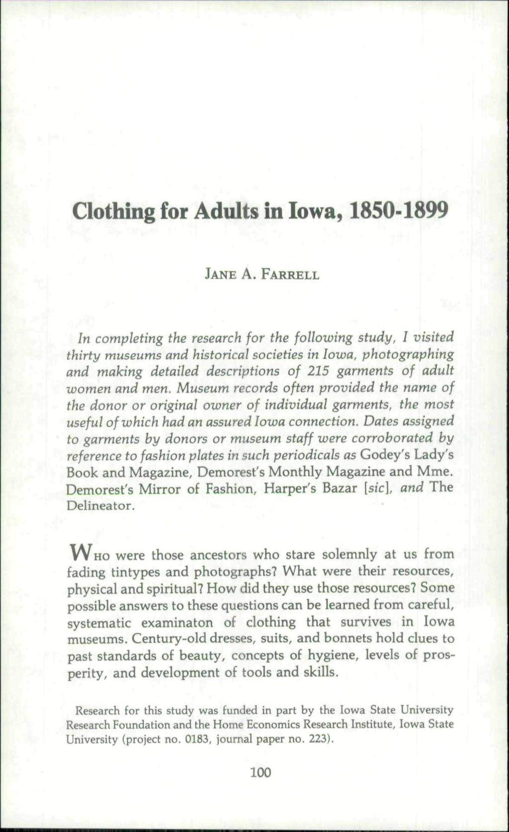 Clothing for Adults in Iowa, 1850-1899 JANE A.