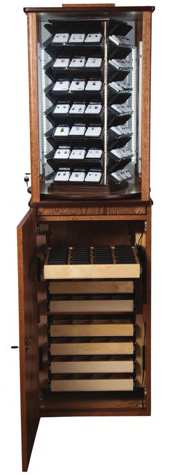 Choose Your Own Assortment Rotating display for boxed items LED Lighting Lockable top and base Holds 21 boxed items per side Base has drawers for backstock Choose 1 package for each side of the