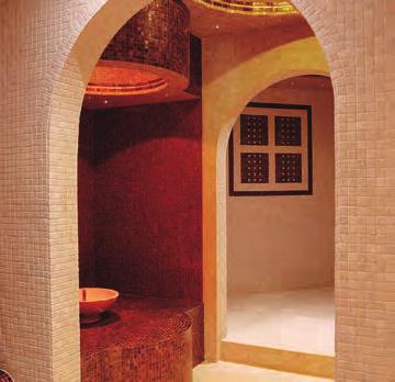 Rhassoul Mud Room A luxurious mosaic private steam chamber allowing unique Rhassoul Mud to absorb toxins and deliver nourishing minerals to the skin.