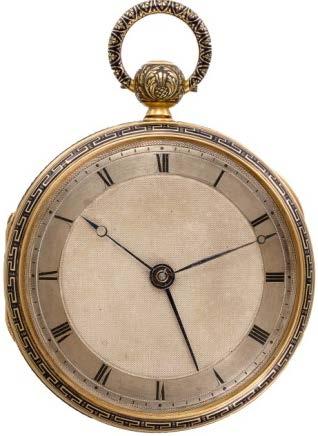 ) 18K yellow gold, open face, key-winding, round-shaped, pocket watch with gold guilloché engine-turned dial and three horological complications: quarter-repeater, date of the month, and day display