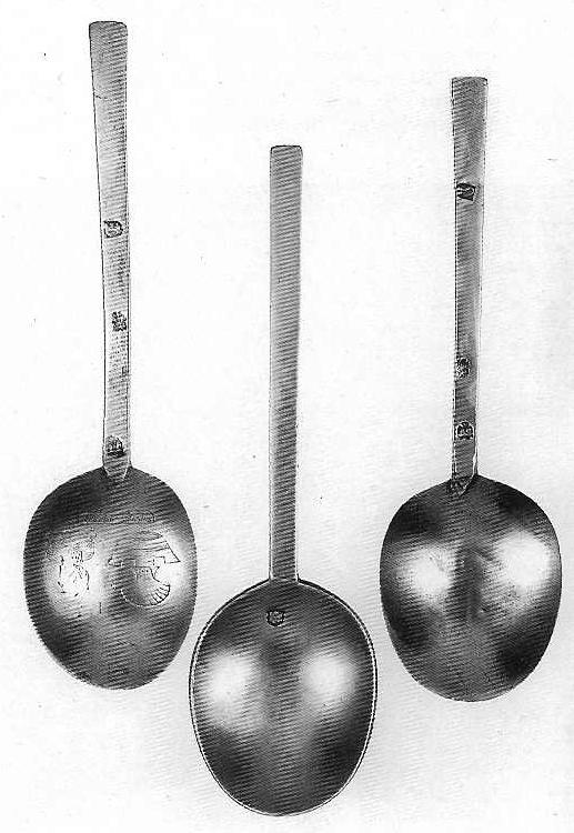 engraved with two crudely, engraved contemporary crests. As with the slip-top spoons, details of makers and dates are listed below.
