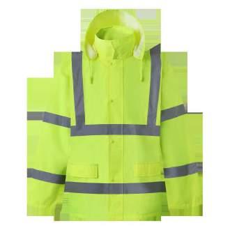 RAINCOAT 2-OUT CSW-012 Rain Jacket & Class 3, PU Coated 300D Oxford, 2 Silver Reflective Stripes, Attached Hide-away Hood, 2 Pockets, Fluorescent Lime / Orange.