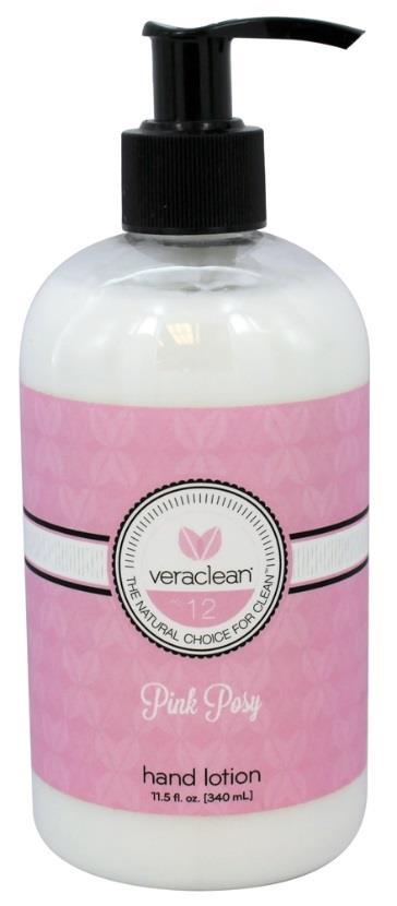 VeraClean: Hand Lotion Pink Posy Product Description: VeraClean s Pink Posy Hand Lotion begins with a sweet almond oil base nourishing shea butter and a unique blend of natural essential oils to