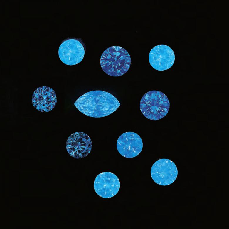 Figure 1. Blue is by far the most common fluorescence color encountered in gem diamonds when they are exposed to the concentrated longwave ultraviolet radiation of a UV lamp.