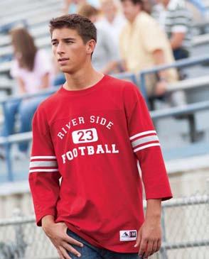 676 677 OLD SCHOOL FOOTBALL JERSEY 6 ounce 50% polyester/50% cotton jersey knit Rib-knit collar Front and back yoke Contrast color accent stripes Set-in sleeves. 676 ADULT: S-3XL List Price 19.