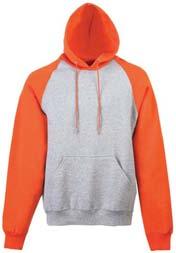 5250 5251 HEAVYWEIGHT COLOR BLOCK HOODED SWEATSHIRT 9 ounce 50% polyester/50% cotton athletic fleece Contrast color lined hood and sleeve inserts Drawcord in hood on Adult sizes only Raglan