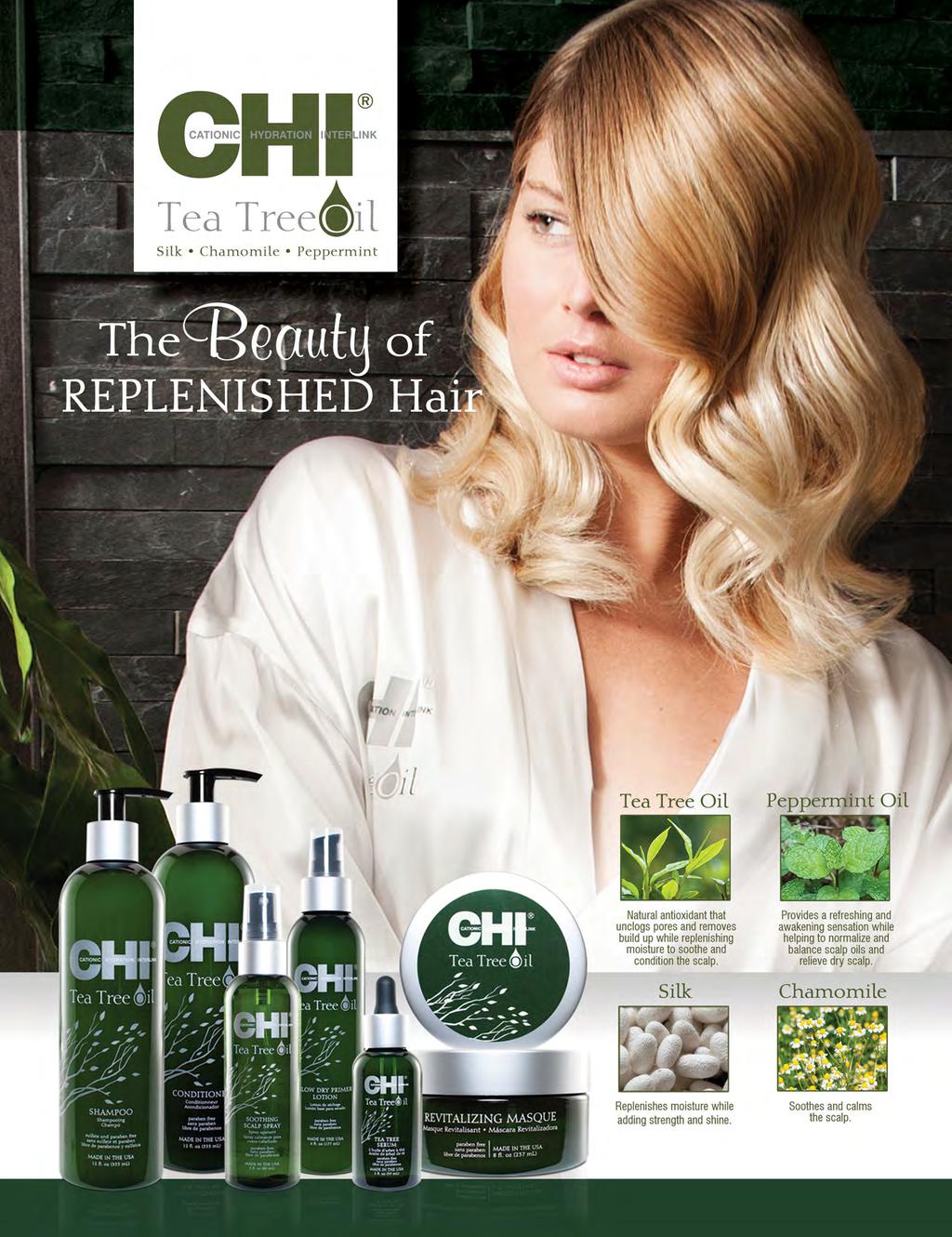 CHI Tea Tree Oil CHI Tea Tree Oil products provide the essential benefits of a refreshing combination of tea tree and peppermint to help balance hair oils, maintain moisture, and invigorate the hair
