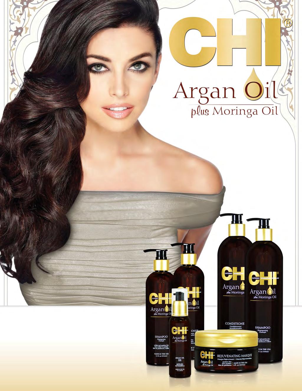 FEATURES & BENEFITS CHI Argan Oil is a luxurious hair care system featuring a unique blend of naturally derived Argan Oil plus Moringa that works to rejuvenate and hydrate dull, frizzy and damaged