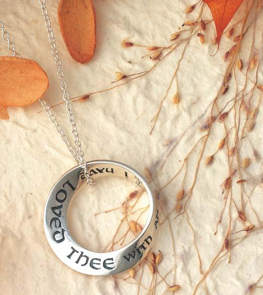 In a beautiful pairing of meaning and substance, a never-ending mobius circle of sterling silver is engraved with God s words of eternal love.