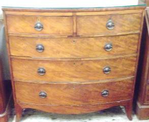 229 Pair of Satsuma plates or plaques with bird and animal decoration 40-60 230 Victorian mahogany bow fronted chest of two short and three long drawers with hexagonal copper handles, escutcheons,