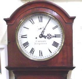 grandfather clock with brass framed enamel dial, seconds dial and brass pendulum, on