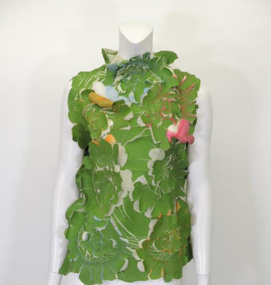 YOSHIKI HISHINUMA Green with Pink and Orange Painted Floral Cut Polyurethane Blouse Sold in one day for $199.