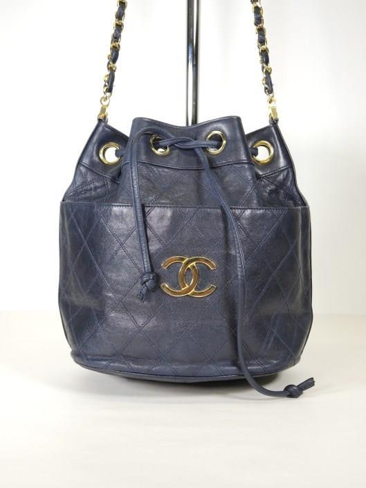 CHANEL 1986 Navy Quilted Lambskin Drawstring Bucket Bag Sold in one day for $1200.