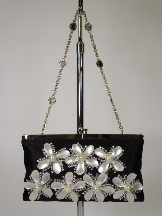 BVLGARI Black Satin Evening Bag with Mother-Of-Pearl Floral Applique Sold in one day for $399.