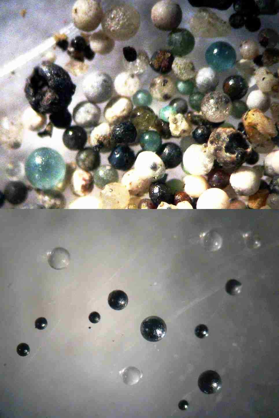 3 - Redistribution of samples by rain and wind. In the same place, only 5 meter away, we found spherules exclusively of this kind: A metallic; B - transparent, vitreous.