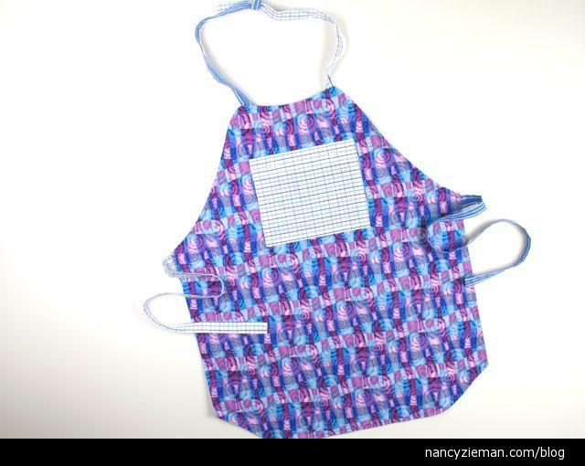Make a child-sized apron from either the front or back of a man s shirt and add a center front pocket from the cuff and a