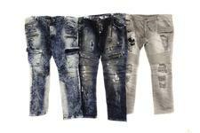 1193 JEANS: Rockstar jeans; size 44, denim with gold paint accents.