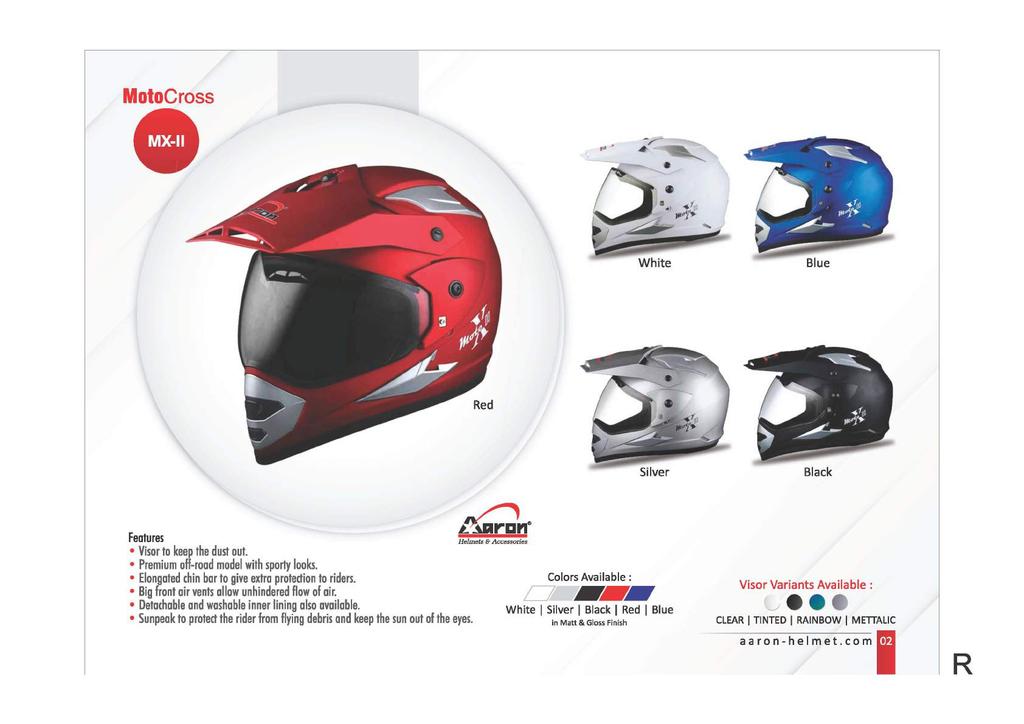 MotoCross Features Visor to keep the dust out. Premium off-road model with sporty looks. Elongated chin bar to give extra protection to riders. Big front air vents allow unhindered flow of air.