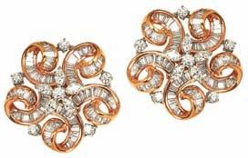 The ingenious styling of pink gold encrusted with round diamonds and baguettes