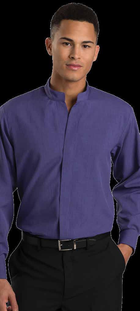 this soft, supple fabric Open neck with contoured stand-up collar Covered