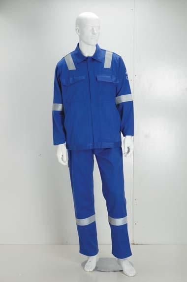 WORK WEAR > Flame Retardant TAHA PYROVATEX FR 2 PCS SUIT Jacket & Trousers, Pyrovatex 100% Cotton, 270gsm. Hidden metal buttons on Jacket. 2" FR reflective tape on shoulder, arms and legs.