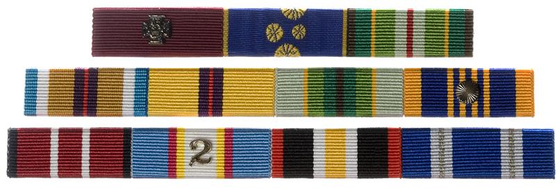 6A 5 c. Third and subsequent rows. The third and subsequent rows of the ribbon bar are to be placed centrally, between the left and right edges of the lower rows, IAW Figure 6A 5.