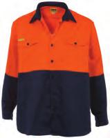 retardant 100% cotton drill fabric Half panel front, full Hi-Viz back 2 velcro down flap chest pockets Closed front style with no exposed buttons ASNZ 1906.