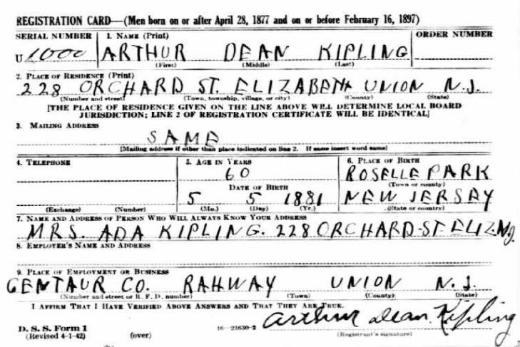 New Jersey In Elizabeth, is found detective agency guard Arthur Kipling (58), wife Ada and daughter Mildred (32). Arthur Dean Kipling was born in Roselle, New Jersey in 1881.