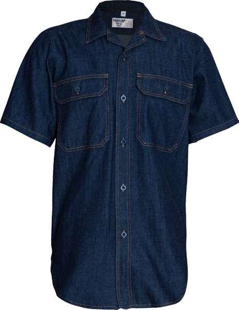 Utility Casual 50250 Men s Short Sleeve Denim Shirt with Glad Neck and Curved Hem Short sleeve denim shirt with glad neck Button down placket 2 breast pockets with button down flaps