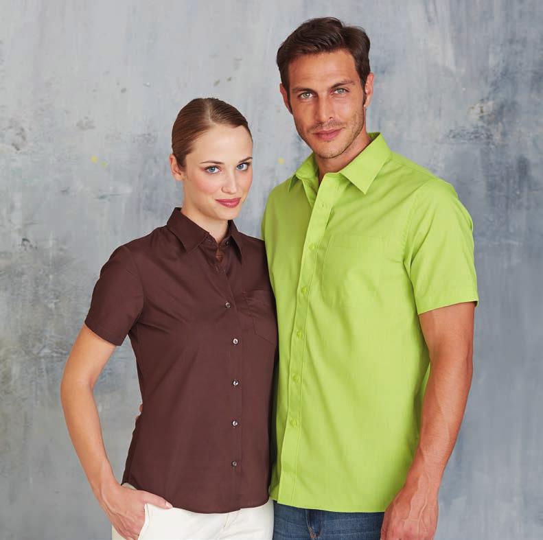 13 colours! KA548 JUDITH - LADIES SHORT SLEEVE EASY CARE POLYCOTTON POPLIN SHIRT 65 % Polyester 35 % Cotton Poplin. Easy Care fabric. Soft Collar. Self coloured buttons. Left chest pocket.