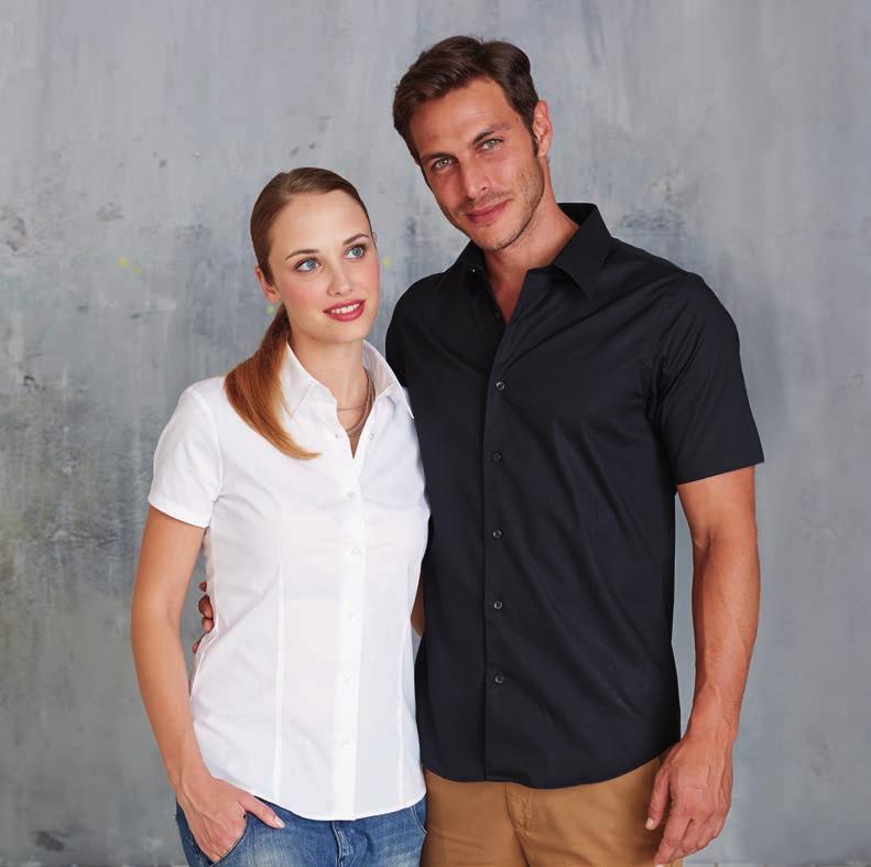 97% cotton / 3% elastane : stretch effect! SO17020 111 SO17030 111 KA532 LADIES SHORT SLEEVE STRETCH SHIRT 97% Cotton / 3% Elastane. Feminine style. Soft collar. Self coloured buttons.