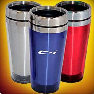 Stainless steel mug with plastic liner, Secure screw-on lid, Easy grip handle and Quick-release drink closure. $12.99 each.