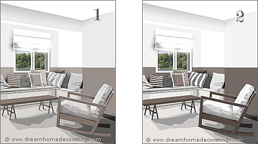 You knew that was a trick question, right? They're both exactly the same tone - a slightly bluish, cool gray. However, the gray cushion looks more neutral in the beach house picture on the left.
