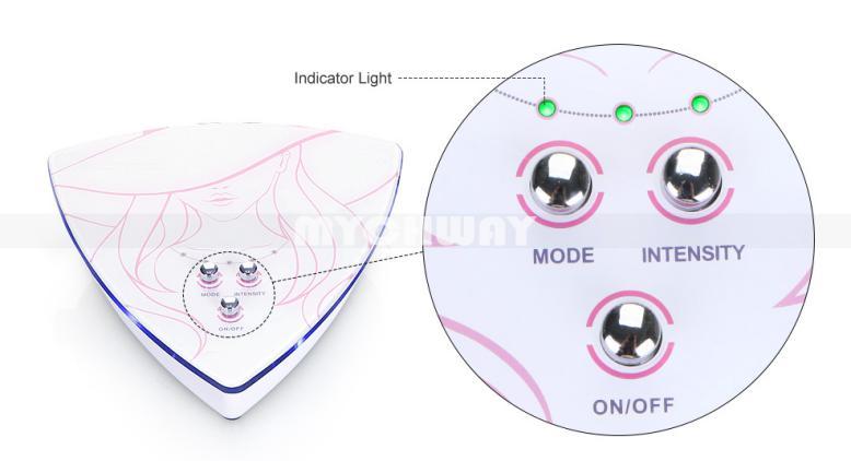 Press to open and off the machine. Press to select the mode, using the ultrasonic flat head or ultrasonic skin scrubber, press to increase the energy. Level 1~3 can be adjusted.