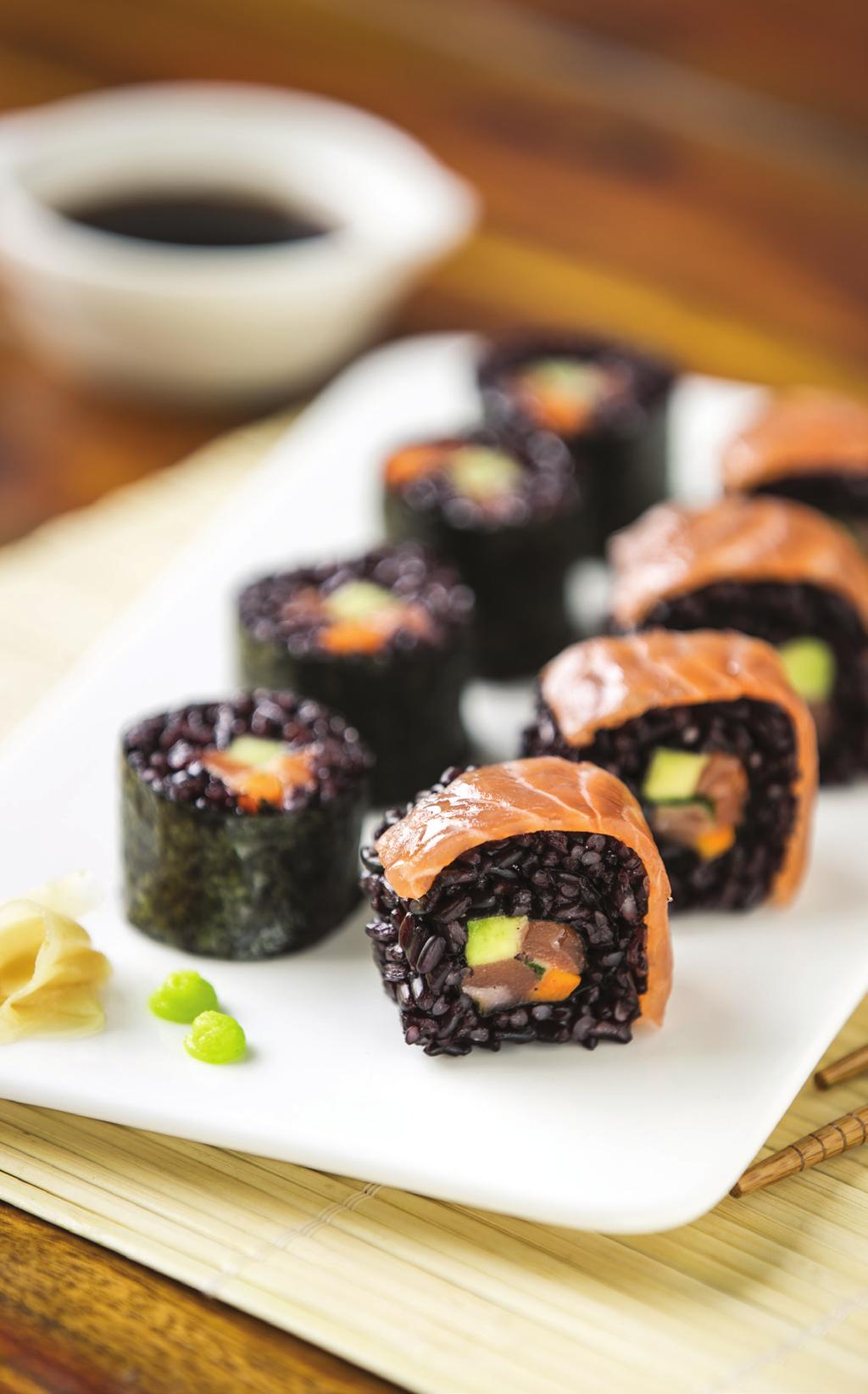 PURIFYING RECIPES VENERE BLACK RICE SUSHI ROLLS Serves 6-8 people For the sushi rolls 15 oz forbidden black rice 4 cups water 1 tsp salt 1/3 cup + 1/2 tbsp rice vinegar 1/2 tbsp maple syrup or honey