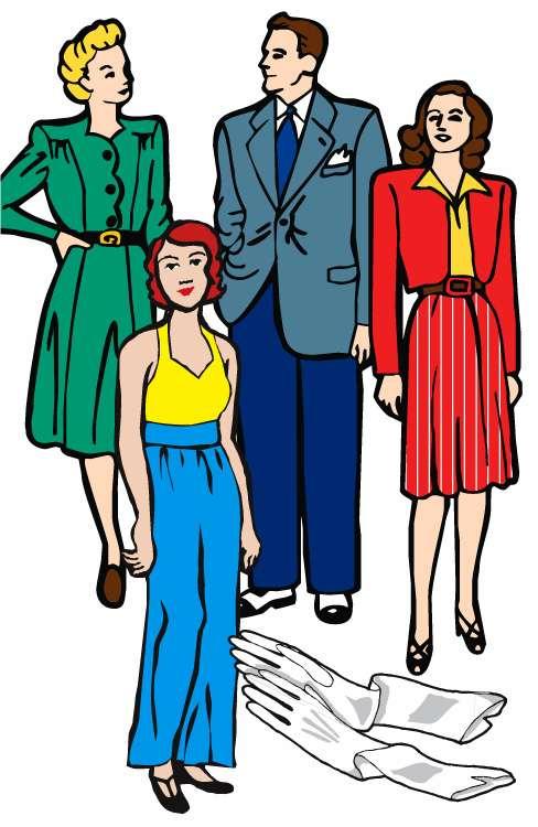 1940s America enters World War II. Women go to work. Fabric shortages restrict styles.