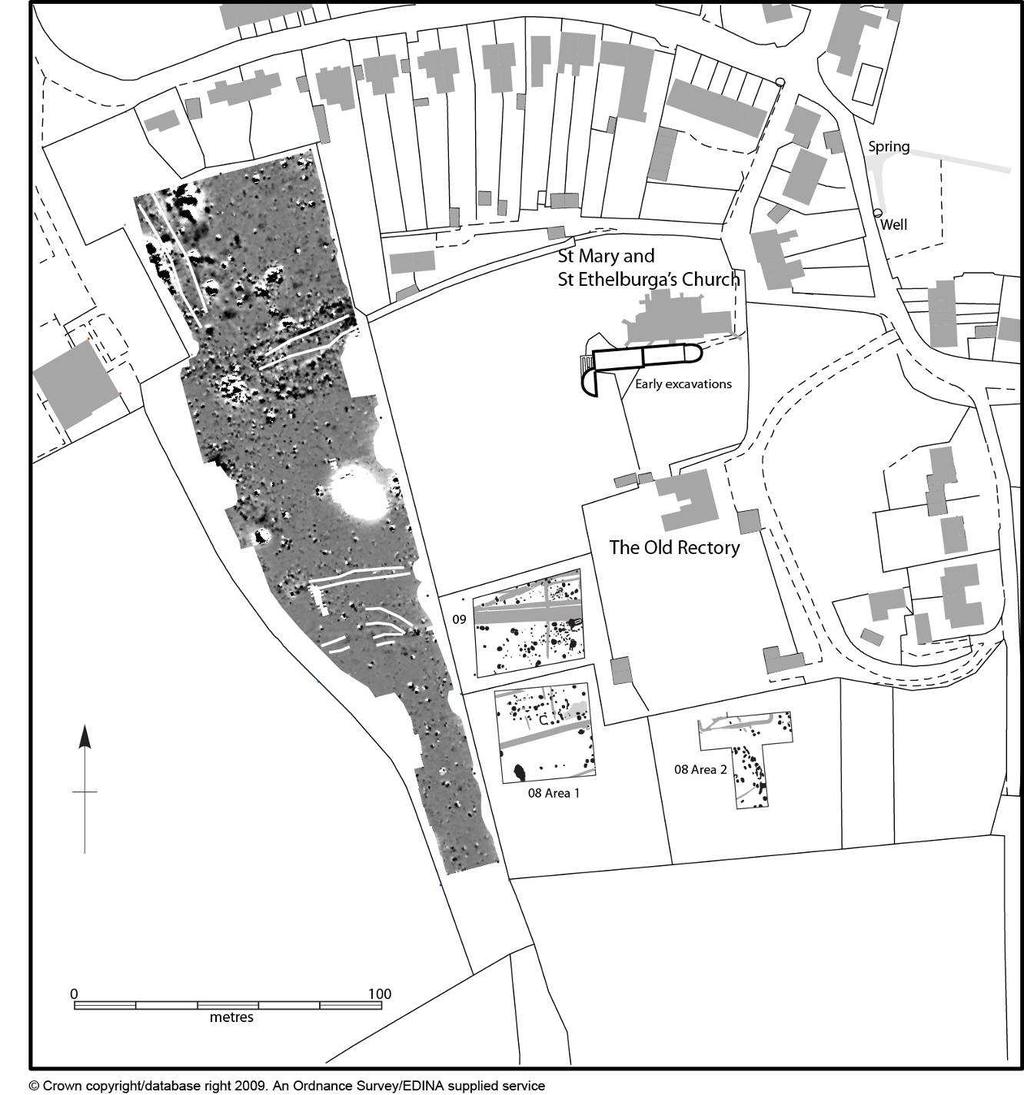 Figure 1: Location plan showing results of geophysical survey in relation to the churchyard and areas