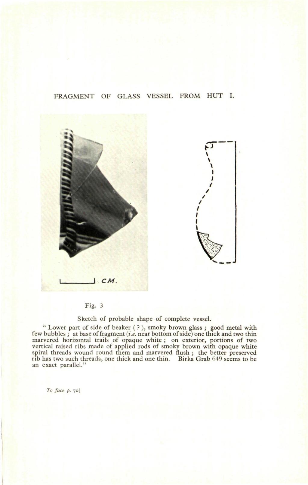 FRAGMENT OF GLASS VESSEL FROM HUT I. J CM. Fig. 3 Sketch of probable shape of complete vessel. " Lower part of side of beaker (?