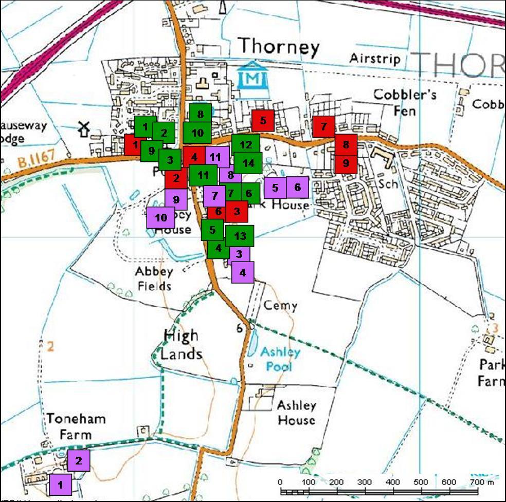 8 Results of the test pit excavations in Thorney The approximate locations of the 34 test pits excavated in Thorney between May 2006 and July 2010 can be seen in figure 6 below.