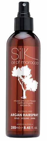 ARGAN HAIRSPRAY FLEXIBLE HOLD UPSTYLES CONTROLS FRIZZ CREATE BODY & TEXTURE NON AEROSOL ALCOHOL FREE Silk Oil of Morocco Argan Hairspray is a lightweight fine mist that provides a medium hold,