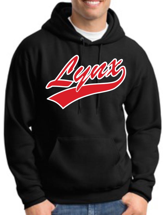 and Adult Pullover Hooded Sweatshirt Red or Black 2-Color Lynx Imprinted on Full Front 7.