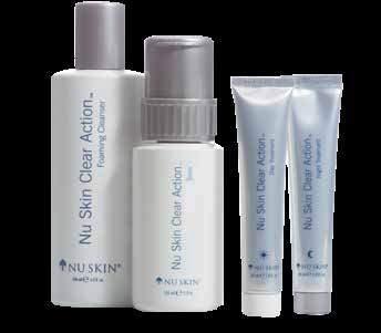 00 NU SKIN CLEAR ACTION This comprehensive, clinically proven system will give you smoother, clearer looking skin as it fights past, present and future visible signs of breakouts.